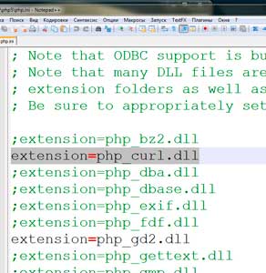 Подключаем модуль php curl.dll., картинка
